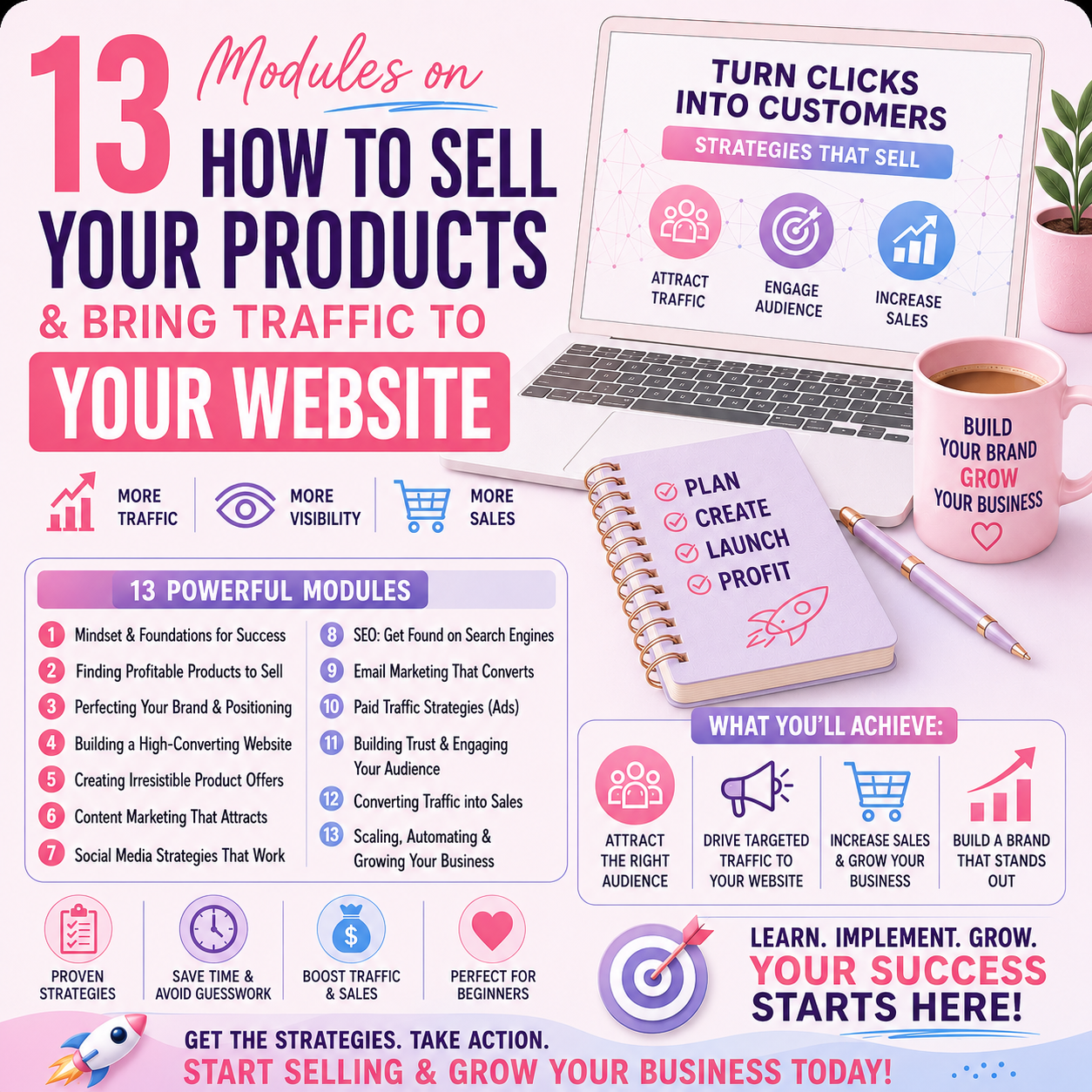 13 Modules on How to sell your products and bring traffic to your website